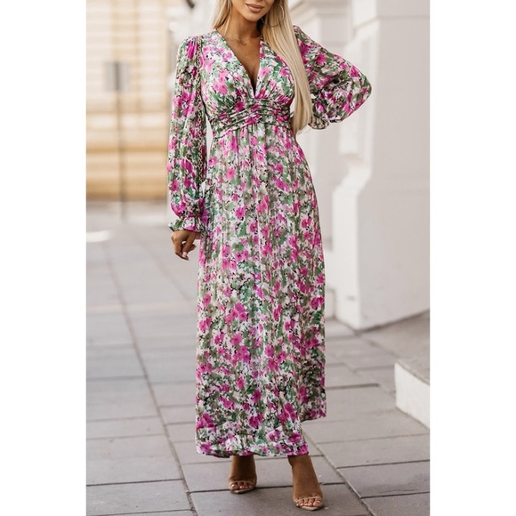 Dresses & Skirts - Floral Print Deep V Neck Maxi Dress